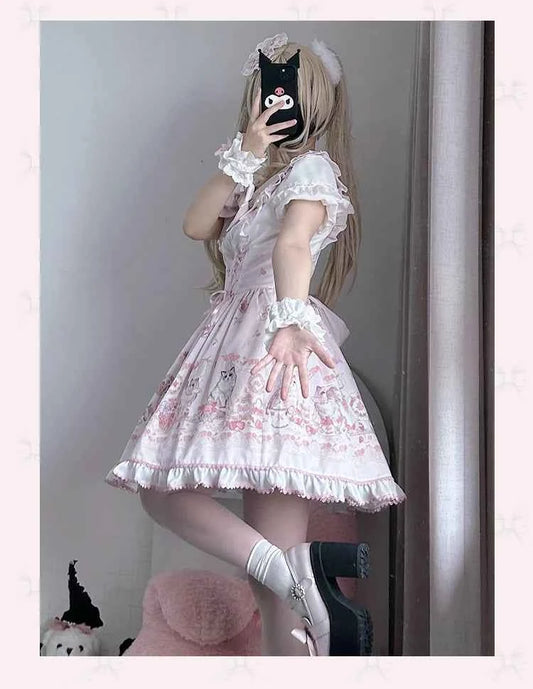 Original New Spring Summer Cute Print Short-sleeved Lolita OP Dress Japanese Sweet Girl Mass-produced Kawaii Bow Short Dresses