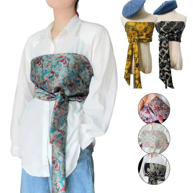 Traditional Japanese Kimono Yukata Obi Belt Crane Floral Printed Haori Belt Brocade Jacquard Waistband Shirt  Decor Accessories