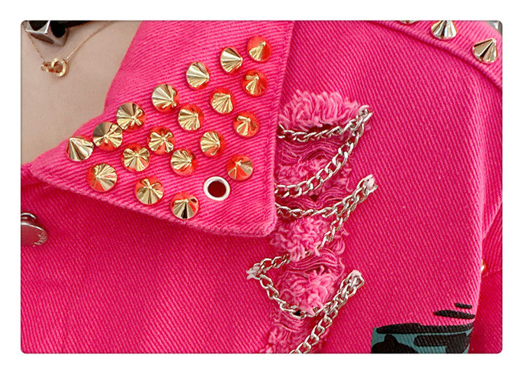 Women Graffiti Printed Rivets Denim Jacket Loose Holes Diamonds Jeans Coat Sequined Cowboy Ripped Streetwear Cardigan Ins Tops SS69