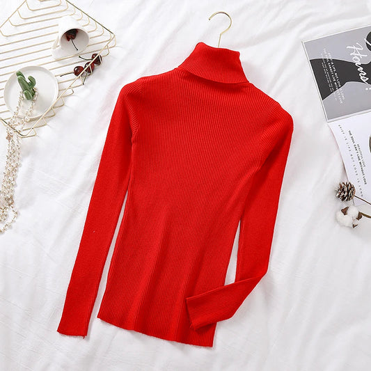 2025 Autumn Winter Women Long Sleeve Knitted Foldover Turtleneck Ribbed Pull Sweater Soft Warm Femme Jumper Pullover Clothes SS69 13.69 One Size / red