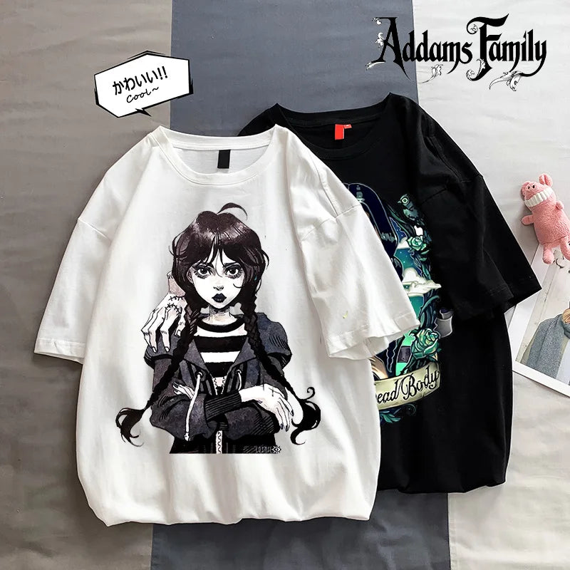 Wednesday Addams Women Casual T-shirt Summer Adult Cartoon Printed Tee Tops Girls Round Neck Clothing Short Sleeve Fashion Gifts SS69