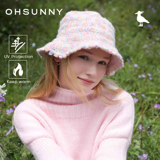 OhSunny Autumn Winter Wavy Brim Bucket Hats,Rainbow Cute Thermal Caps Women's Outdoor Warm Hand-knitted Fisherman Caps Packable
