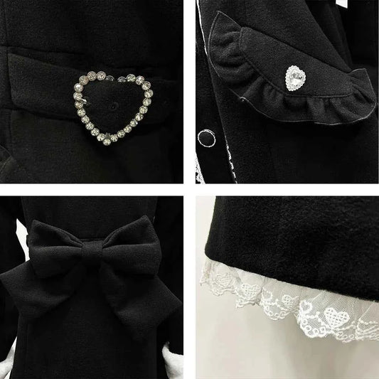 Japanese Sweet Winter Woolen Coat Lolita Style Cute Big Bow Fungus Edge Long Sleeve Slim Kawaii Girls Women Elegant Overcoat