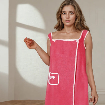 1 Pcs Women's Plus Size Wearable Bath Towel-Cute Bow Soft Shower Skirt for Women-Adjustable Bath Robe with Pocket for Home an