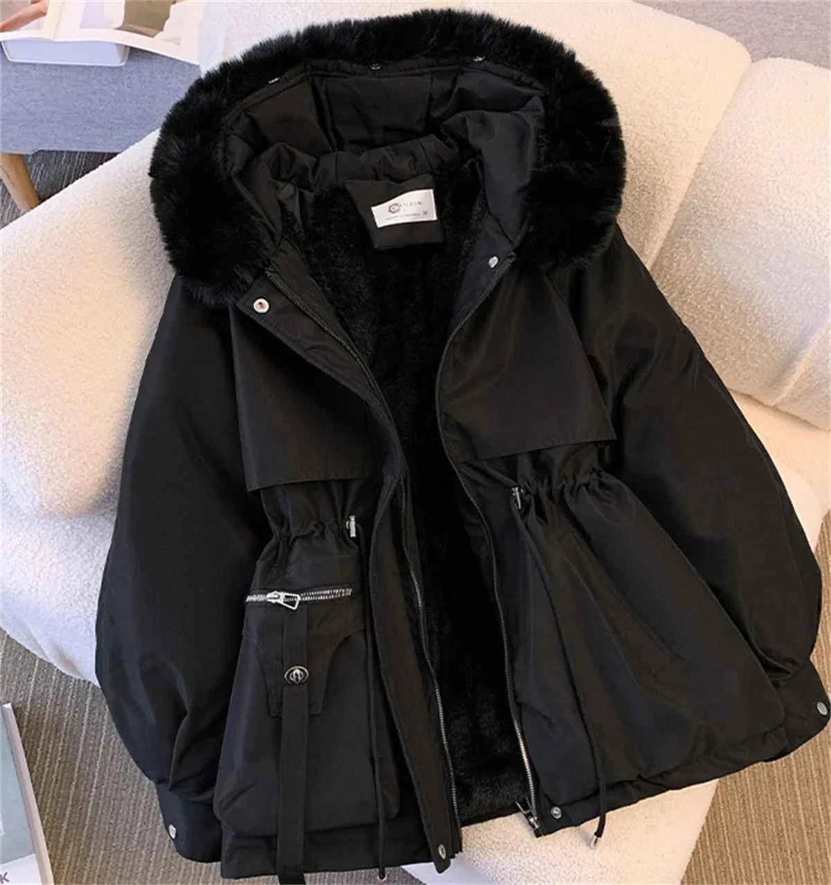 Women Autumn Winter Fashion Coats Korean Hooded Drawstring Padded Jackets Solid Female Casual Street Outfit Coat Zip Up Parkas