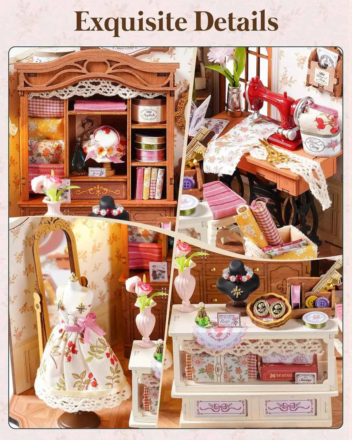Robotime DIY Miniature House Kit Elsa's Tailoring 1:18 Scale Dollhouse Building Kit Antique Bookshelf Display Crafts for Adults