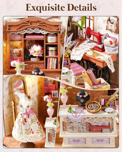 Robotime DIY Miniature House Kit Elsa's Tailoring 1:18 Scale Dollhouse Building Kit Antique Bookshelf Display Crafts for Adults
