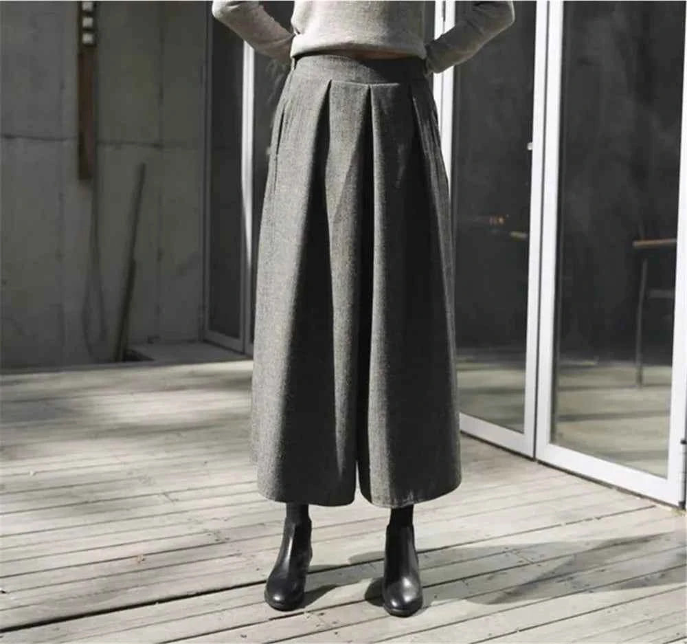 Loose Woolen Wide Leg Skirts Pants Women Pleated Casual Pants Winter Autumn Straight Trousers Elastic High Waist Fat Leg Pants