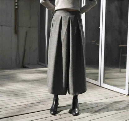 Loose Woolen Wide Leg Skirts Pants Women Pleated Casual Pants Winter Autumn Straight Trousers Elastic High Waist Fat Leg Pants