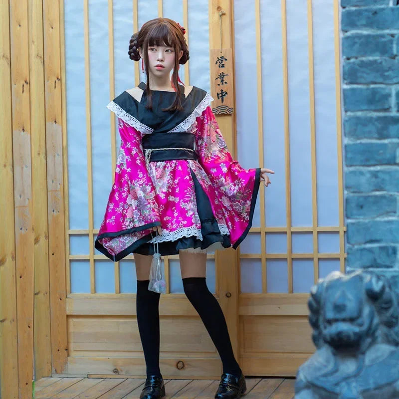 Traditional Japanese Kimono Dress for Women - Printed Pink
