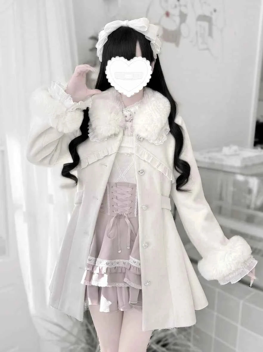 Japanese Mass-Produced Long Wool Collar Coat 20% Wool Waist-Cinching Sweet Girl Long Sleeve Slim Fit Elegant Lolita Woolen Coat