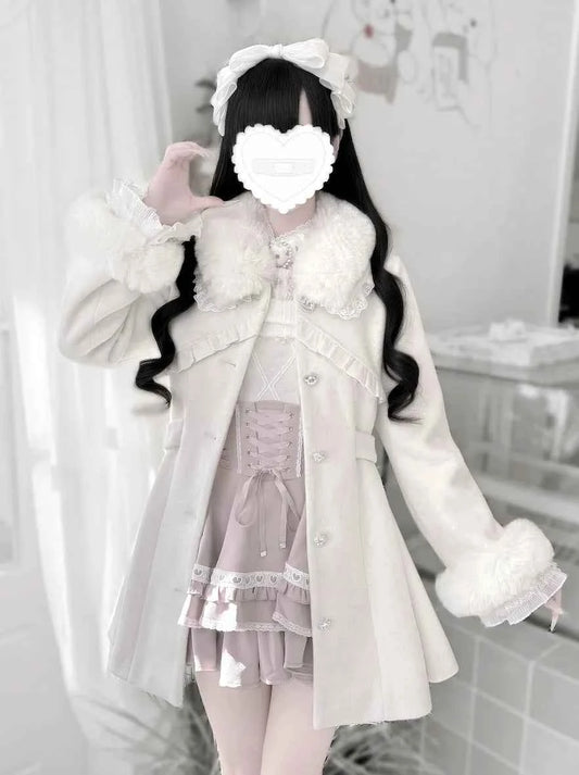 Japanese Mass-Produced Long Wool Collar Coat 20% Wool Waist-Cinching Sweet Girl Long Sleeve Slim Fit Elegant Lolita Woolen Coat