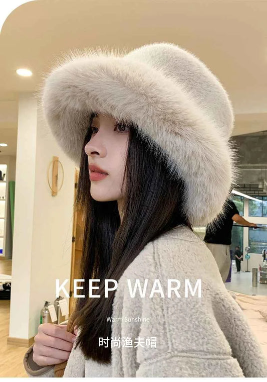2025 Fluffy Faux Fur Bucket Hats Women Rabbit Fur Warm Thick Plush Winter Hat Lady Fashion Luxury Panama Furry Fisherman Cap Y2k
