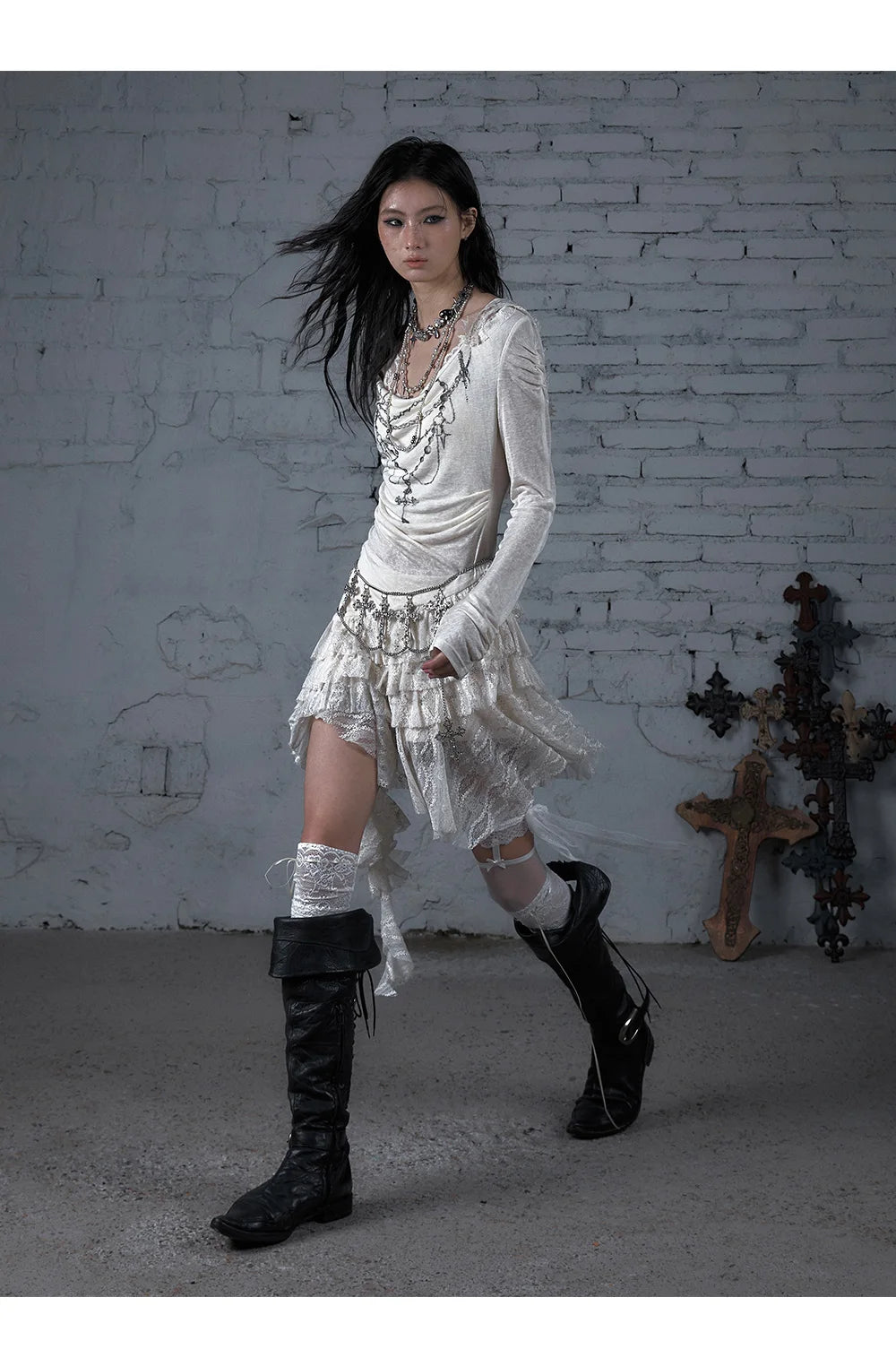 NO ROMANCE Fairy Sexy Punk Printing Half Transparent Lace Patch Knitted Long Sleeve Hooded Dresses Rock Gothic Design Vestidos SS69