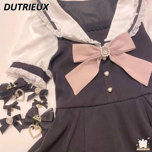 Japanese Style Women's Outfits Sailor Collar Plaid Rhinestone Bow Dress Shorts Set Sweet Lolita Mine Series Dress Two-Piece Suit