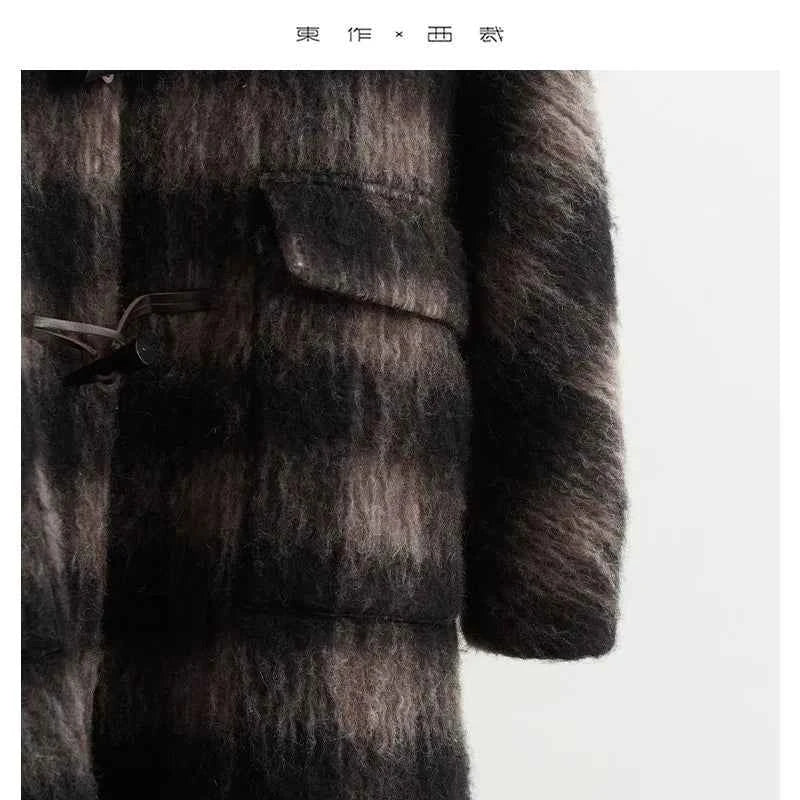 Plaid Coat~ Retro Style Horn Button Mid-Length Coat Women's Alpaca Wool Coat 2025 Winter British Style