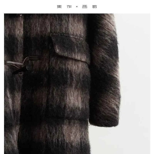 Plaid Coat~ Retro Style Horn Button Mid-Length Coat Women's Alpaca Wool Coat 2025 Winter British Style