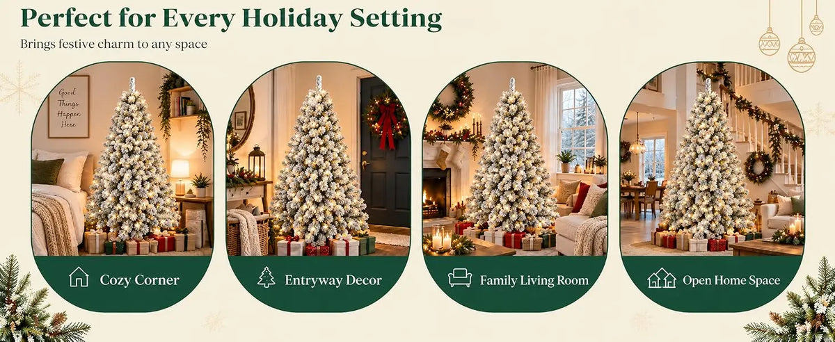 Prelit Artificial Christmas Tree with 100 Lights Snowflake Decorations Hinged PVC Branches Iron Trunk and Folding Metal Stand Green and White Holiday Decor for Living Room Home Christmas Party