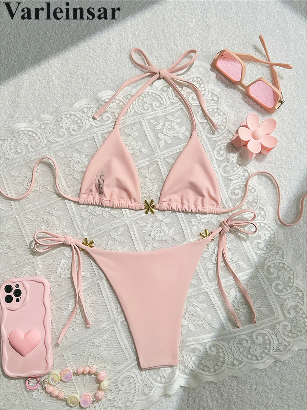 S - XL Metal Flower Halter Strappy Bikini Female Swimsuit Women Swimwear Two-pieces Bikini set Bather Bathing Suit Swim V6504 SS69