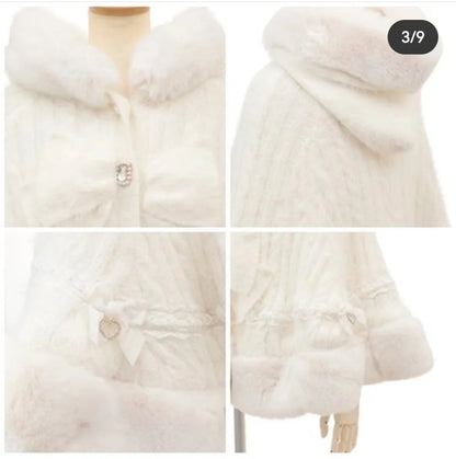 Godivana Lolita Faux Rabbit Fur Cape Coat with Rhinestone Bow and Hood