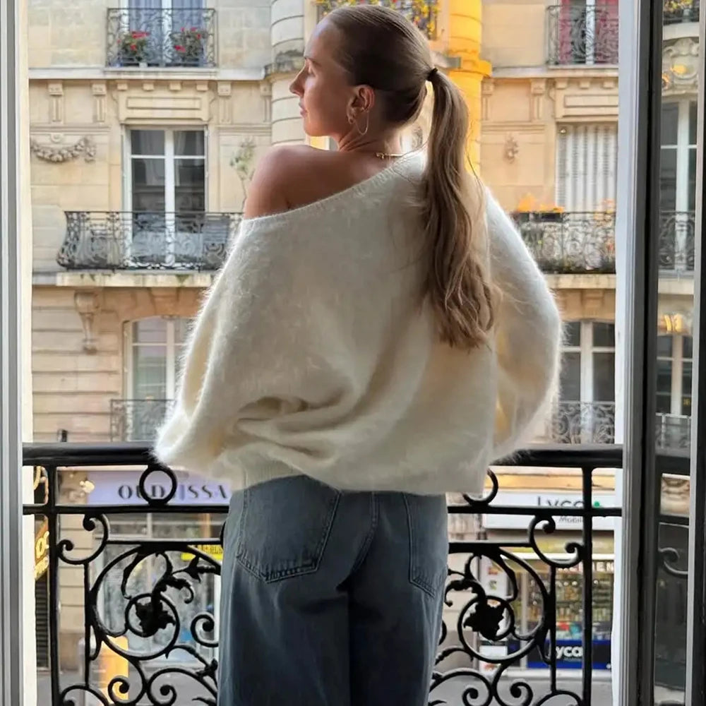 Talenza Women's Plush Pullover Fashion Solid Loose High Street Sweaters Vintage Chic Strapless Autumn Casual Female Pullovers