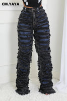 CM.YAYA Street Denim Pants Women Ripped Out Striped High Waist Zipper Jeans 2024 Fall Trousers Streetwear Straight Party Pants SS69