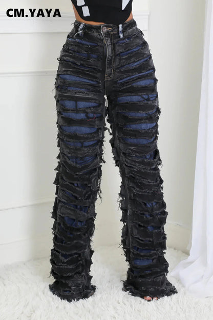 CM.YAYA Street Denim Pants Women Ripped Out Striped High Waist Zipper Jeans 2024 Fall Trousers Streetwear Straight Party Pants SS69