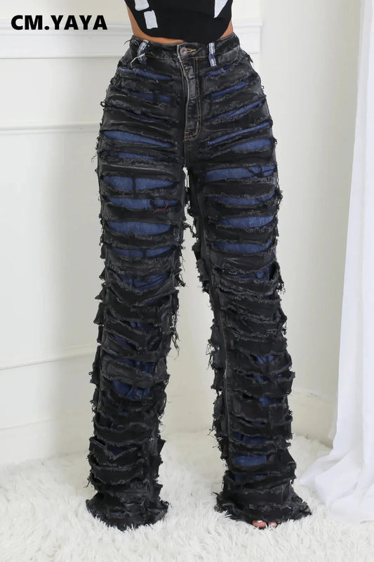 CM.YAYA Street Denim Pants Women Ripped Out Striped High Waist Zipper Jeans 2024 Fall Trousers Streetwear Straight Party Pants SS69