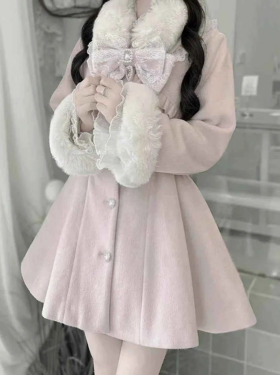 Japanese Mass-Produced Long Wool Collar Coat 20% Wool Waist-Cinching Sweet Girl Long Sleeve Slim Fit Elegant Lolita Woolen Coat
