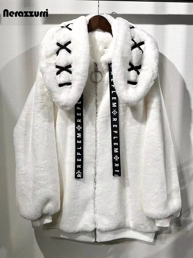 Nerazzurri Winter Sweet Cute Kawaii Soft Thick Warm White Faux Fur Coat Women with Bunny Ears Cute Fluffy Jacket Hoodie 2024 SS69
