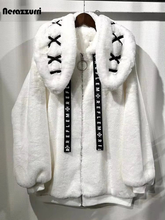 Nerazzurri Winter Sweet Cute Kawaii Soft Thick Warm White Faux Fur Coat Women with Bunny Ears Cute Fluffy Jacket Hoodie 2024 SS69