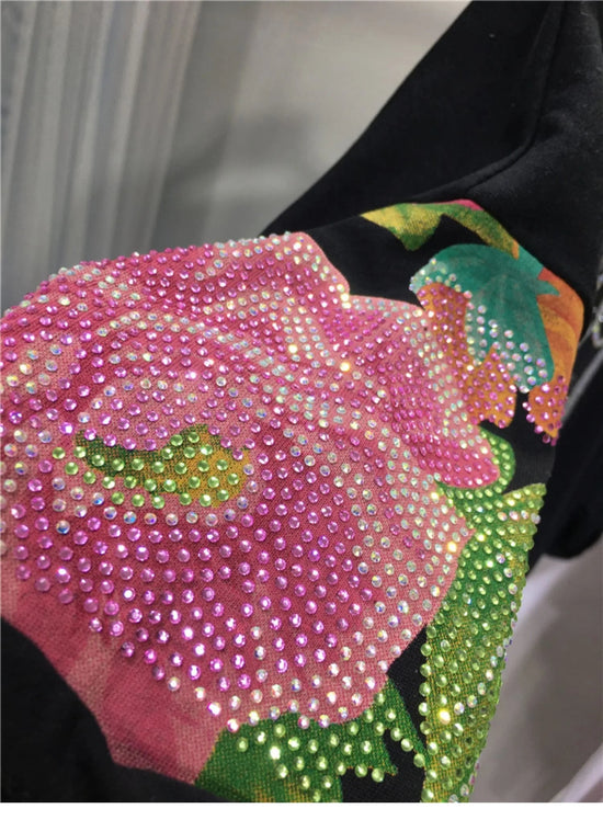 Oversized top Rhinestone diamond o-neck peony print rabbit fashion women's short-sleeved T-shirt SS69