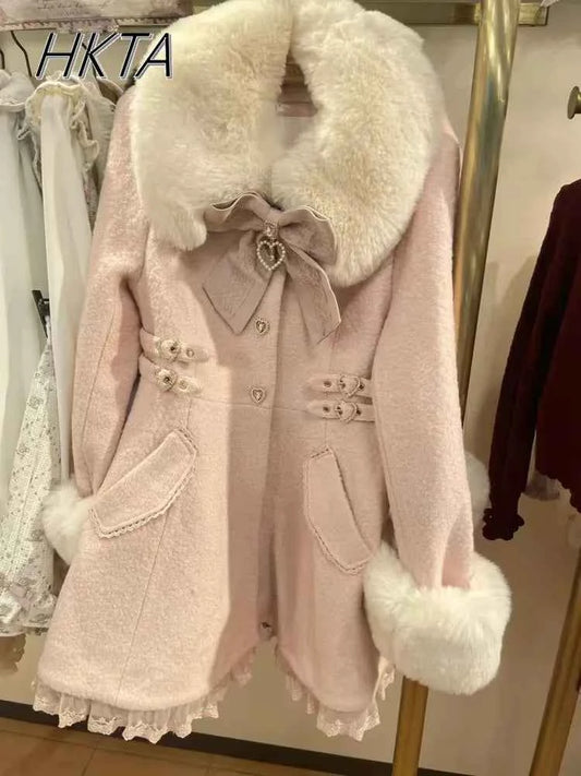 Japanese Sweet Cute Bow Pink Woolen Coat Winter New Versatile Lolita Girls Lace Love Warm Long Overcoat Liz Coat Women Clothes