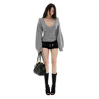 Streetwear Sweater Women Fashion Sexy V Neck Knitted Pullovers Y2K Korean Lantern Long Sleeve Knitwears Autumn Winter Jumpers