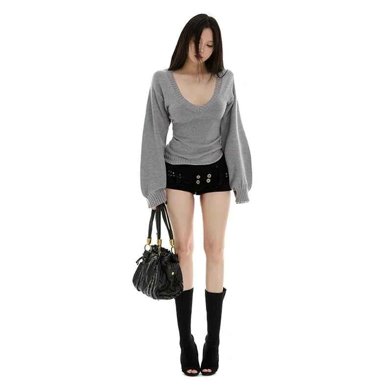 Streetwear Sweater Women Fashion Sexy V Neck Knitted Pullovers Y2K Korean Lantern Long Sleeve Knitwears Autumn Winter Jumpers