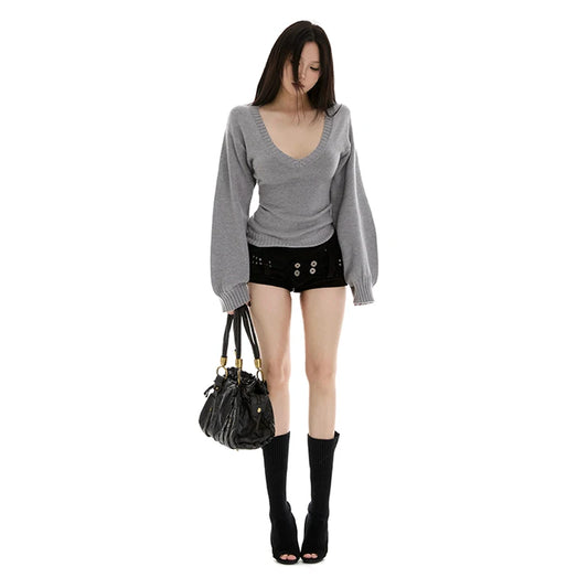 Streetwear Sweater Women Fashion Sexy V Neck Knitted Pullovers Y2K Korean Lantern Long Sleeve Knitwears Autumn Winter Jumpers