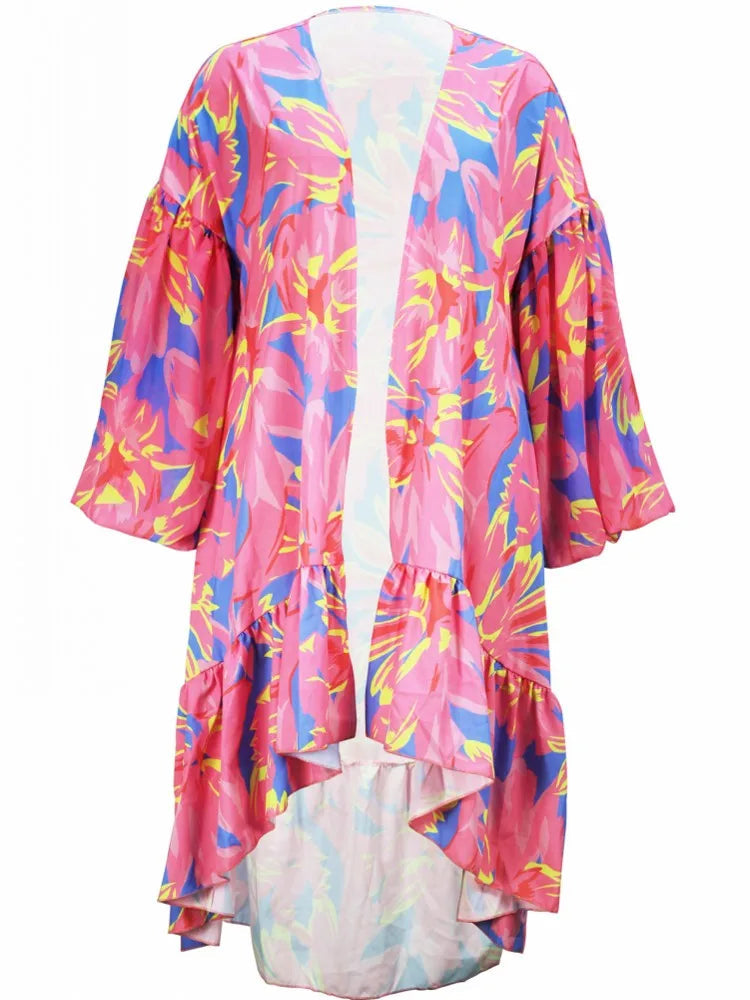 Plus Size Beach Kimono For Women Flower Printed Swimsuit Cover Up Self Wrap Dresses Seaside Bathing Suits Beachwear 2025 SS69