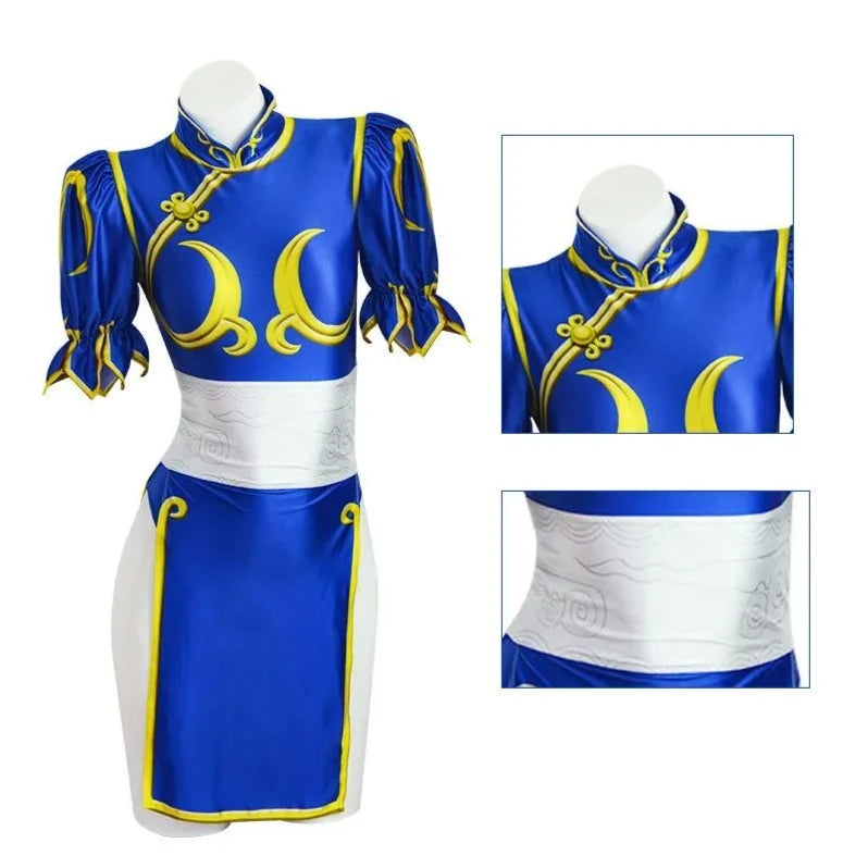 Chun Li Cosplay Dress Set - Women's Blue Qipao Game Costume
