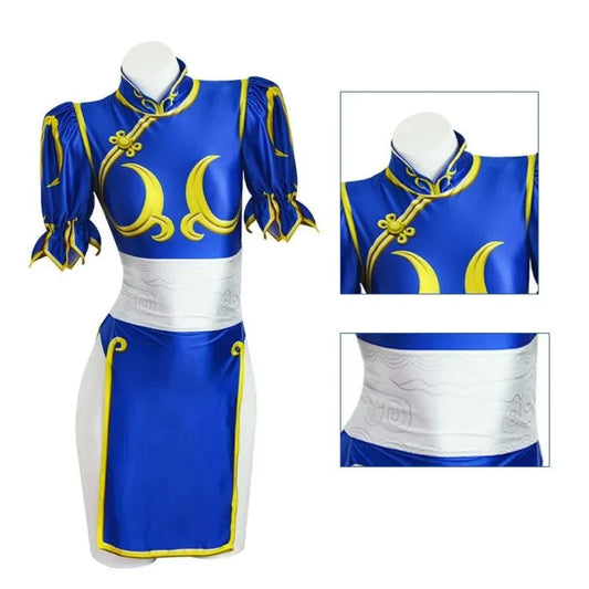 Chun Li Cosplay Dress Set - Women's Blue Qipao Game Costume Outfit