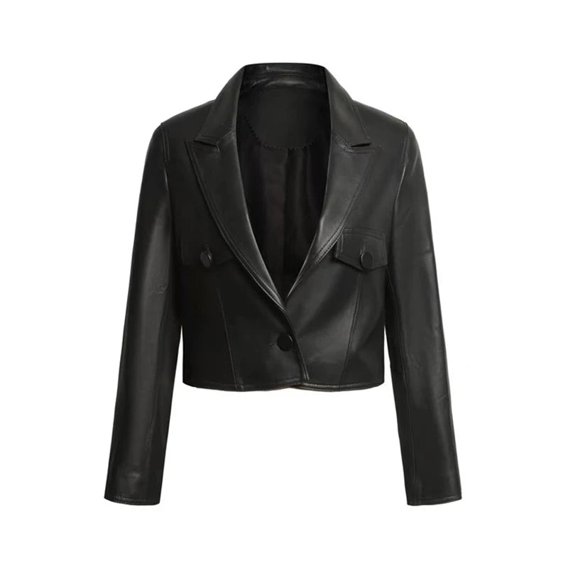 2024 New Short Genuine Leather Blazer Jackets for Women Fashion Pink Lapel Single Button Female Long Sleeve Sheepskin Jackets