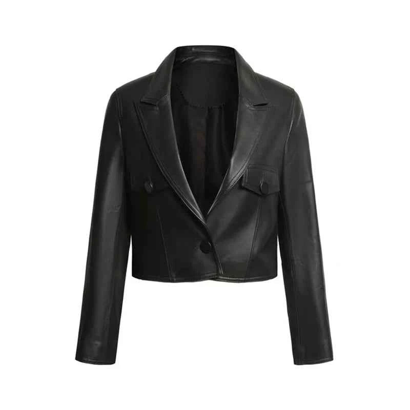 2024 New Short Genuine Leather Blazer Jackets for Women Fashion Pink Lapel Single Button Female Long Sleeve Sheepskin Jackets