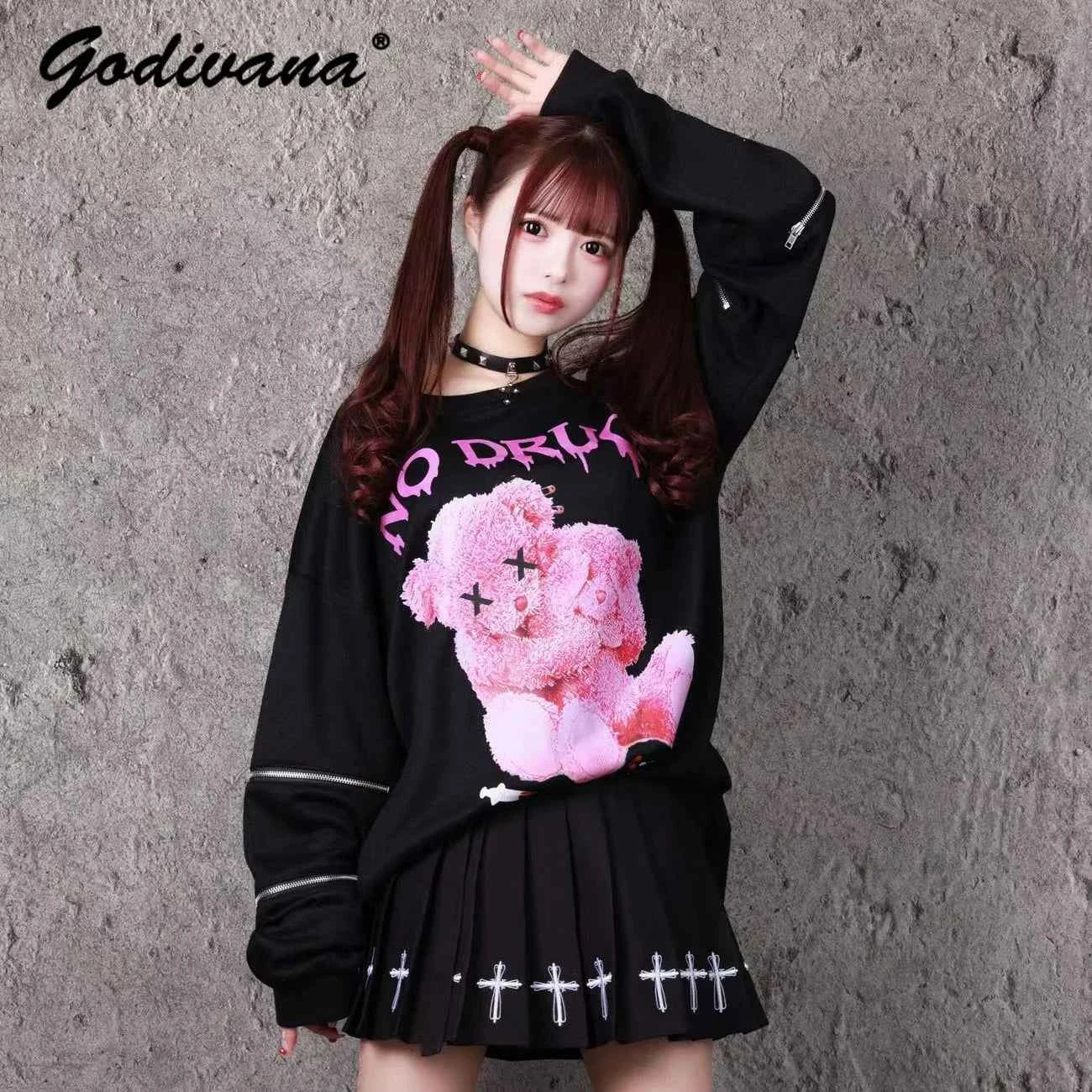 SS69 Japanese Harajuku Printed Black Sweatshirt, Loose Zipper Hoodie