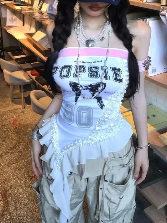 Irregular Sleeveless Chest Gothic Bow Female Short Blouse Cute Y2k Crop Tops Sweet Cool Korean Subculture Harajuku Match Color SS69