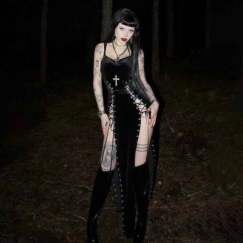 Punk Grunge High Split Hem Straps Dess 90s Streetwear Gown Women Sexy Corn Bandage Velvet Dresses Mall Gothic Clothing