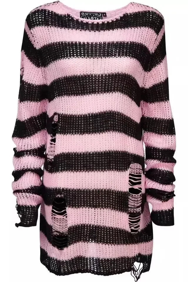 2024 Purple Striped Gothic Sweaters Women Ripped Holes Loose Knitted Pullover Frayed Fairy Grunge Jumpers Emo Streetwear Lolita SS69 12.69 Pink / One Size