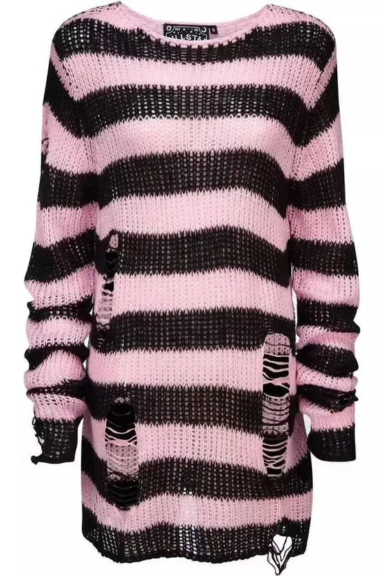 2024 Purple Striped Gothic Sweaters Women Ripped Holes Loose Knitted Pullover Frayed Fairy Grunge Jumpers Emo Streetwear Lolita SS69 12.69 Pink / One Size