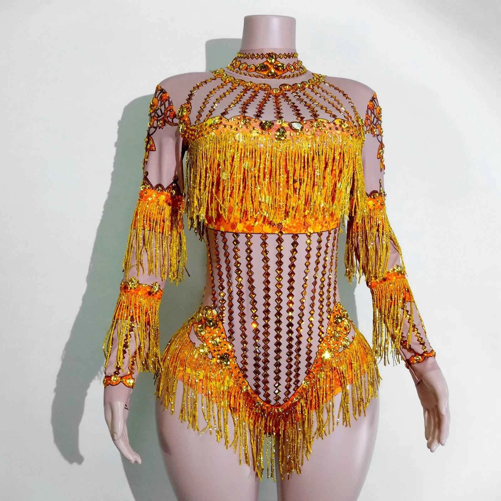 Custom rhinestones bodysuit tassels women Celebrate stage Team pole dance club party fashion leotard clothing