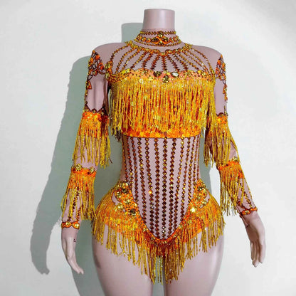 Custom rhinestones bodysuit tassels women Celebrate stage Team pole dance club party fashion leotard clothing