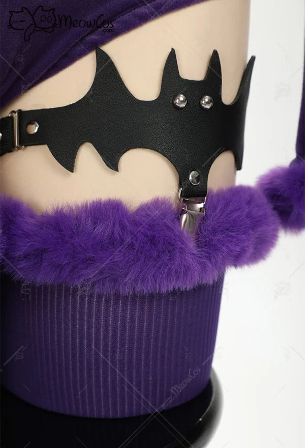 Meowcos Women Genga Cosplay Costume Halloween Purple Ghost Romper Bodysuit Plush Hooded and Socks with Belt and Tail