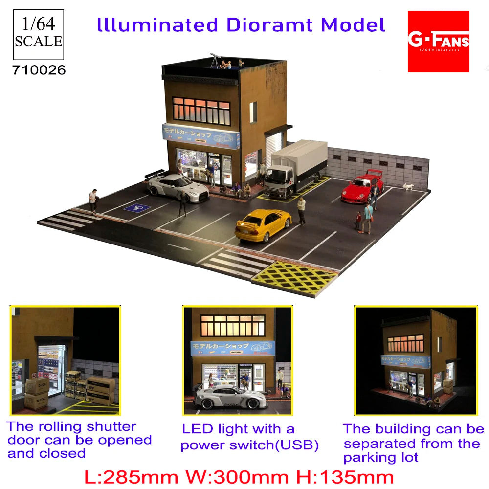 SS69 1/64 Scale Diecast Car Garage Diorama with LED Lighting and Dust Door